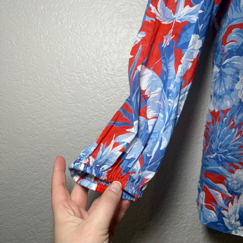 J.Crew Tropical Palm Floral Ruffle Top Red Blue Cotton Blouse Womens S Vacation - Picture 2 of 8